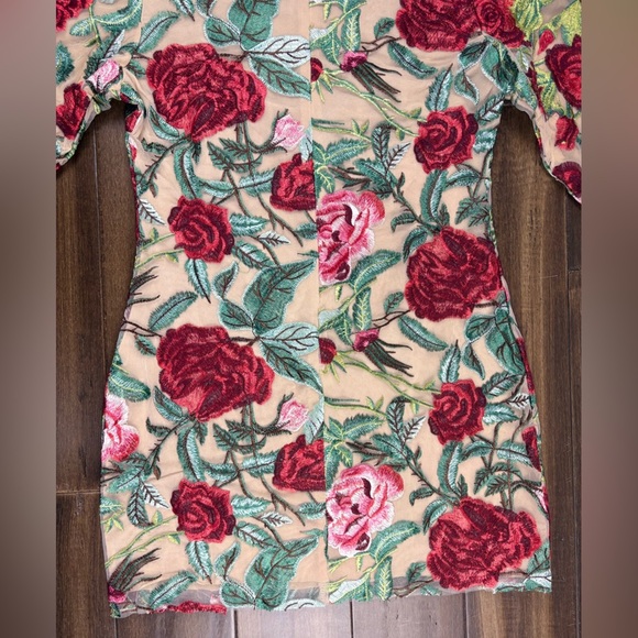 Size M Mock Neck Long Sleeve Mini Dress 3D Flowers Bodycon Tulle Red Pink Green - Picture 11 of 14